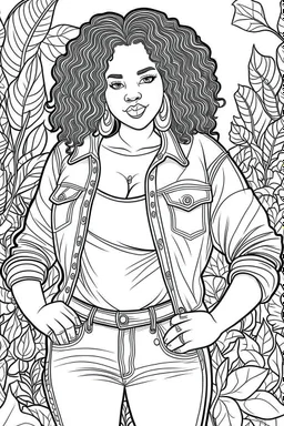 black curvy woman wearing jeans, eyes front camera coloring page floral background