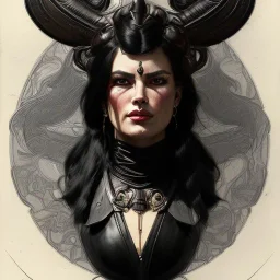 painted portrait of evil goddess in black leather, angry, strong, volouptous, busty, cleavage, emperious, mature, highly detailed, digital painting, artstation, concept art, smooth, sharp focus, illustration, art by gaston bussiere and alphonse mucha