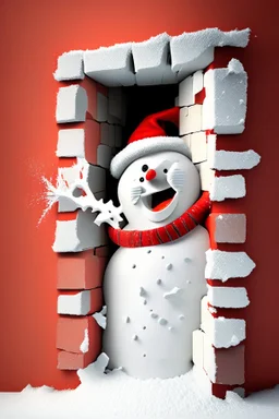 3d Christmas snowman, breaking out through a wall, plaster texture, white and red, 3d background