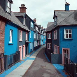 Fotografia di strada assurda e falsa orripilante blu weirdcore dai colori vivaci. Noe. Non luogo falso, inusuale. Max Ernst. Le case sono false e dipinte di nero chiaro con cose stilizzate e dettagli. Ci sono finestrelle false quadrate, che danno un senso distopico e molto surreale, disposte in modo casuale. L'atmosfera generale sembra noiosa e onirica, con un contrasto tra elementi reali ed elementi dipinti falsi, René Magritte