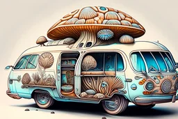 mushroom drawings on a retro hippy van, futuristic detailed art