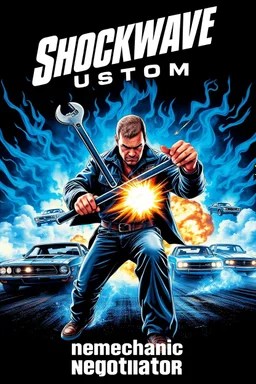 "Design a 90s-style action movie poster titled 'Shockwave Customs' with a blue theme and blue flames. Feature a super heroic mechanic in the foreground, fiercely battling thousands of adversaries with a spanner. In the background, show cars doing burnouts, creating a dynamic and intense scene. Capture the high-energy, gritty aesthetic of classic 90s action films. Prominently display the subtitle 'mmechanic negotiator' in bold, impactful lettering."