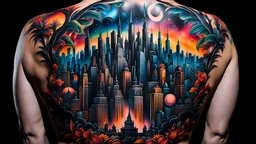 An amazing cityscape tattooed onto a human back in vivid and vibrant tattoo ink on a black background, detailed, intricate, perfect lighting.