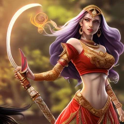 Full body, fantasy setting, woman, dark skin, Indian, 20 years old, magician, warrior, hourglass body shape, bicolor hair, muscular, cinematic, Arabian clothes, insanely detailed, Arabian style, half-hawk haircut, white and red hair, medieval