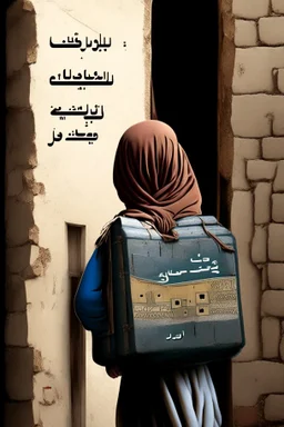 A Palestinian child carries on his shoulders a large bag with windows and doors