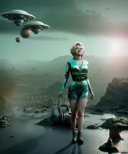 Ultra Realistic retro sci-fi 1960 scene, waist up view portrait, blonde woman, sweet young Marilyn Monroe face, perfect iris, tight latex coat, alien planet background, tight style, steel sphere dron levitating, fog, rain, soft color, highly detailed, unreal engine 5, ray tracing, RTX, lumen lighting, ultra detail, volumetric lighting, 3d, finely drawn, high definition, high resolution.