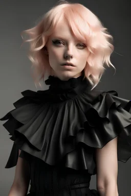 Pale pink Hair fashion model wearing a ruffles black voile and leather top