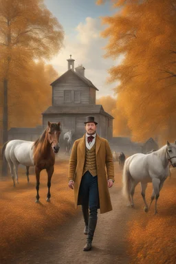 Fascinating, ultra-realistic nature in the photo. Golden autumn. A 32-year-old man in 19th-century Russian clothes walks towards the horses with his head raised to the sky, a smile on his face. In the background, the Russian estate of a 19th-century nobleman and three horses stand at the outhouse.