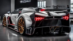 Bugatti Centodieci MANSORY Fused with Lamborghini Veneno, Super Detailed, desktop wallpaper, 4K, Rear view, in a dealership