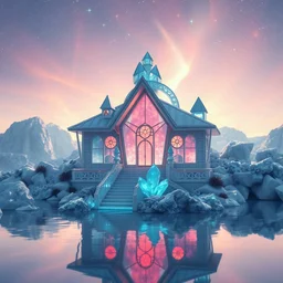 beautiful house cosmic cristal in the futur city cosmic, cristal flowers fantasy, crystal city crystalline in the sky, renderin, room, cosmic, opalescent, 100mm, opalescent, gemstones, crystals, object, other worldly, water, cristal rock, bright, ice backg, portrait of a crystalised blue pink queen, atmospheric, realistic, unreal engine, lighting, octane render.