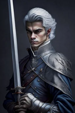 european gray hair young adult royal guard swordsman with rapier