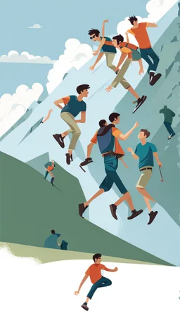 Climbing a group of young men. like an illustrator poster