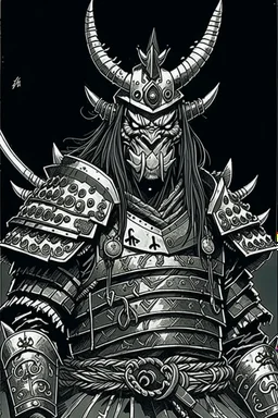 Armoured Samurai with oni mask ,manga, from 1980 dark fantasy, style by Kentaro Miura