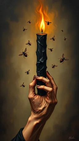 Bosch style painting , A 3D evil hand holding a black candle with insects flying around the flame