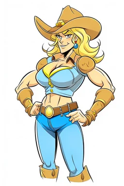 An cartoon style drawing of a buff cowgirl. she is blonde has sideburns. she is wearing chaps and a cowboy hat. she is buff and has big muscles!