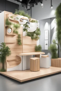 Corner exhibition stand in light colors with wood elements and greenery with two meeting areas