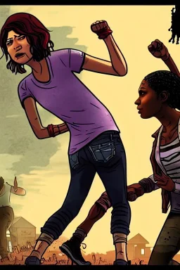 Clementine from the walking dead telltale fights a guy and she won because she's strong and she puts her bare foot on that guy's head she looks superior the art looks like the game