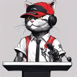 a drawing of a manga cat man with a sports cap and shirt, speaking at a (((lectern))) with a microphone, red, white and black colors, cat white and black colors