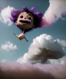 Ultra realistic clouds sky scene, wide angle, medium shot view, sweet childs, color smoke fog, free jumping flying, trinkets, monster hair, hair monster, jelly beans, balls, smile, happy, circus style, inflatable color clothing, extreme, wind, clouds sea, 20,000 feet altitude, stratosphere, soft color, highly detailed, unreal engine 5, ray tracing, RTX, lumen lighting, ultra detail, volumetric lighting, 3d, finely drawn, high definition, high resolution.