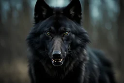 Full body shot of a Large black wolf growling lip curled, facing the camera, Photorealistic, 4k, dark fantasy