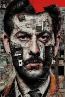 Ultra detailed medium portrait painting of a tired man, zoomed in on the lines on his face, unshaved, worried look, suicidal, broken, torn up collage of clippings, broken circuitry background, matrix effects, punk visual art, punk art aesthetic, graffiti art, pop surrealism, collage art, cluttered paint glitches