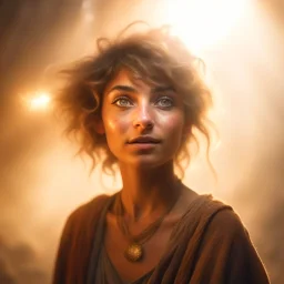 portrait of brown hippie pixie hovering in the underground grove sparkling light dust, in the style of dali, 8k, down-light, soft light, depth of field, photo realism, trending on art station, high detail, smoke and fog