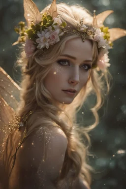 Pink flower crown,Pointed elven ears,Blonde hair ,Pink dress,Sparkling fairy wings,Very long golden hair,Fairy crown,pointed ears,elven ears,fairy wings,water lilies,sparkling,glittering,flowers,blossoms,golden crown,light pink dress