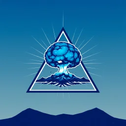 a blue nuclear explosion mushroom cloud inside an equilateral triangle, radiant lines, vector logo
