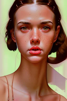 Ultra realistic rendering of a Norman Rockwell style illustration of four spit dropping from nipples, thin, freckled, nubile, Pert teen girls with 50s style hair, wearing neon glowing bondage lingerie, nipples, bare breasts