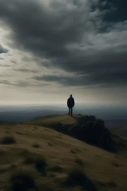 una persona solitaria, un paisaje melancólico y el rostro de gutavo ceratti mirando desde el cielo