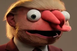 Angry muppet trump in suit, no tongue, looking forward, face, smaller, round puffball nose, eyebrows, furious