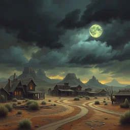 the western desert town called High Noon Hollow with gloomy skies fantasy art