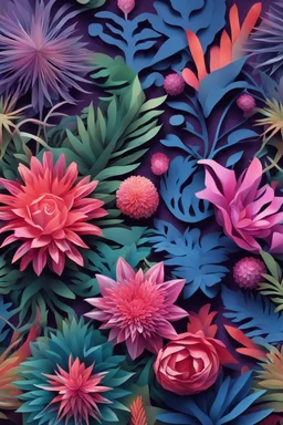 Paper craft in the style of plants and flowers by Ernst Haeckel Maria Sibylla Merian. Tristan Eaton, Victor Ngai, Artgerm, Ras, Ross Rees, Katie Butcher, Hajime Sorayama, Greg Toccini, Virgil Finley, Science fiction, Colors, Neon lighting. Digital painting, Pixiv, Ilya Kuvshinov, Neon lights, 3D , Perspective