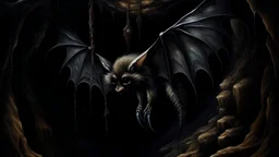 A hyper-realistic oil painting of a majestic bat hanging upside down in a dark cave, intricate details capturing every texture of its wings and fur. The scene is set against a background of eerie shadows and dimly lit stalactites, creating a sense of mystery and suspense. The suffix adds a surreal element, with faint glowing eyes peering out from the darkness, giving the bat an otherworldly presence.