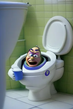 Buzz lightyear from Toy Story pooping on a toilet