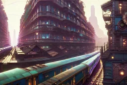 close up train+Elevated train+riomaggiore corner building+Italian colourful sea village +alphonse mucha, greg rutkowski,matte painting, cryengine, hyper detailed, felix kelly, fantasy art, seb mckinnon