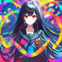 Clear focus, high resolution, black long fluffy hair, red eyes, wearing a sailor uniform, doing a evil smile, Style Vtuber, Colorful