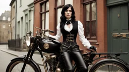 full-height portrait of a woman with straight shoulder-length black hair, with metal arms and legs, dressed in leather trousers, and a waistcoat, in a Victorian street next to a steampunk bike