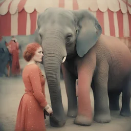 A woman , freckles, with an elephant, at the circus,, autochrome, pink, red orange,, golden