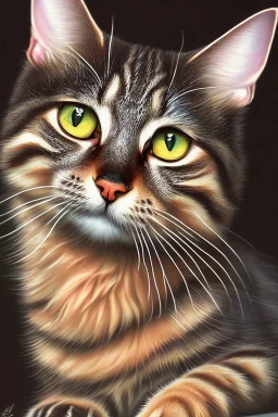 Cute dark brown tabby cat. Painting style of Charles Wysocki