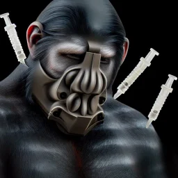 Ape earing Bane mask, visually stunning, trending on sci-fi forums and websites, explores the limits of technology and humanity, thought-provoking theme