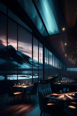 10k hyper realistic detailed luxury Modern Alaskan restaurant surrounded with glass paneling, wide shot, dinning, busy, dark, Northern lights