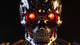 4K, ultra details, full realism. Portrait terminator logo. Visage complet. Firestarter en fond