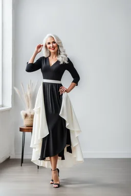 full body of very beautiful ukrain lady wearing cream_white pretty maxi flared dress ,white gray hair ,standing idle happy pose in studio