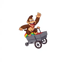 vector Cartoon Donkey Kong riding a rainbow in a cart