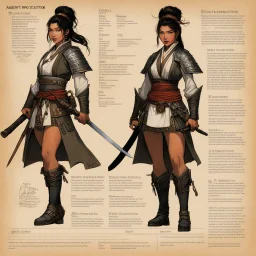 character concept sheet with AD&D statistics and characteristics, [illustration by John Blanche] female samurai in agent provocateur: local vs. global