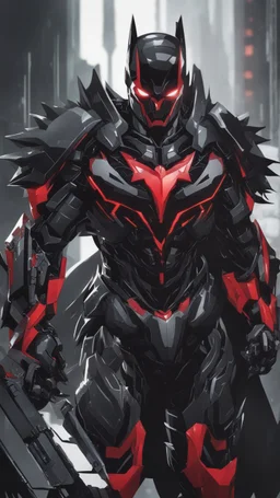 A close picture to Mix between symbiote and machine and batman in transformers cyborg with black metal and red details armor in solo leveling shadow art style with red details detailsis in fantasy world