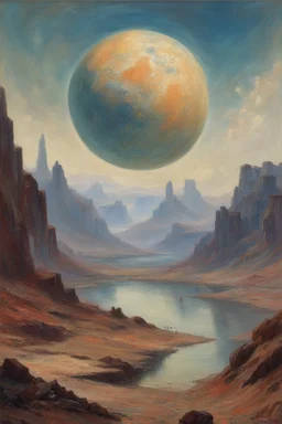 One astruonat looking at sky, planet in thrlake, mountains, sci-fi, hans am ende, and henry luyten impressionism paintings