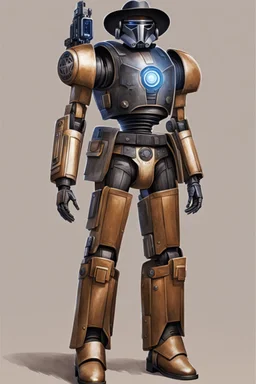 A Star Wars Combat Droid, Wearing Western Cowboy Clothes, Armour looks like Halo, Wearing a cowboy hat and a Cowboy Over-Coat.