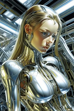 A digital photo by Hajime Sorayama of a beautiful cyborg girl inside a futuristic matrix.